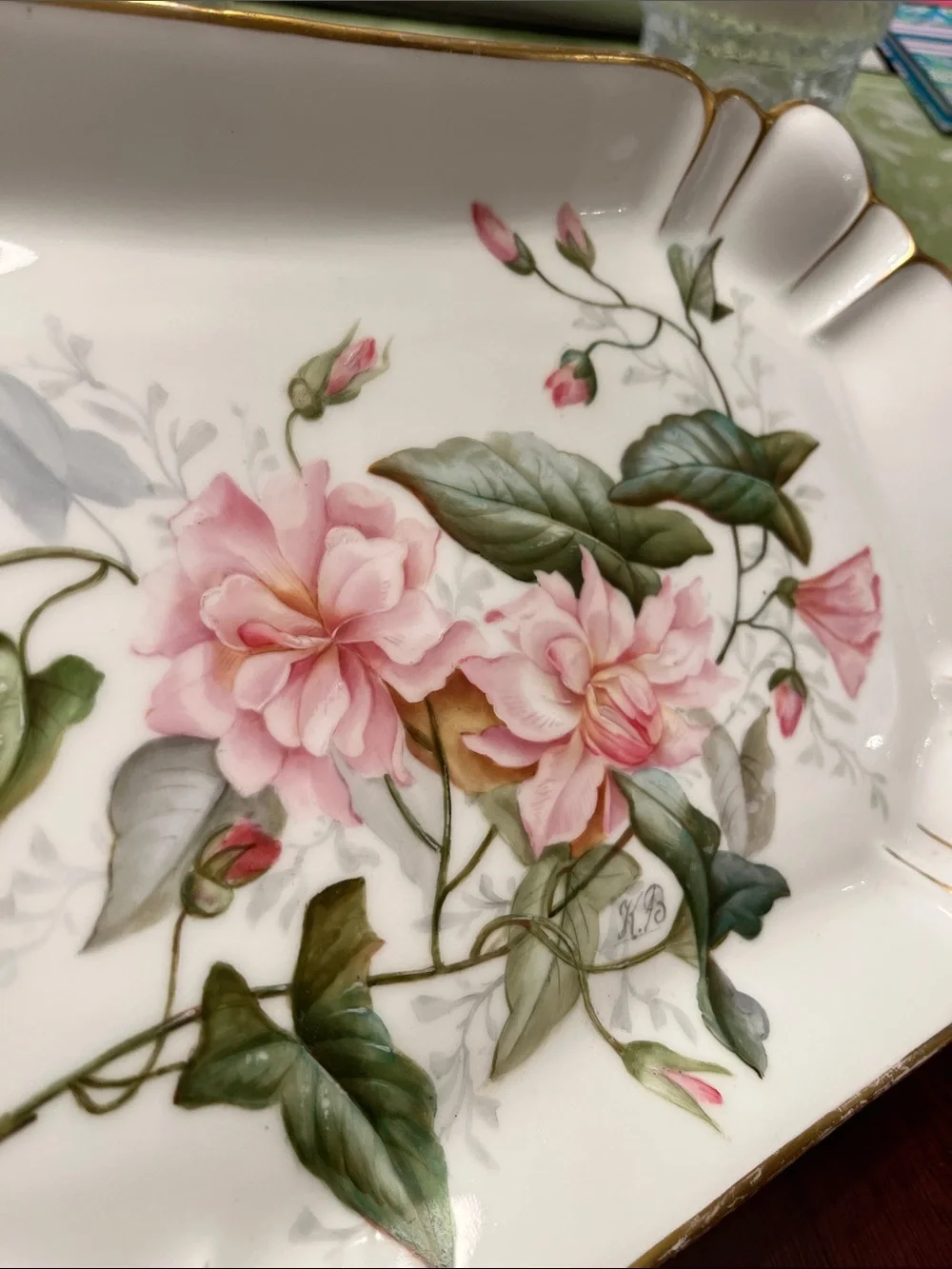 Antique Limoges White Porcelain Platter with Pink Floral Bouquet and Gold Trim